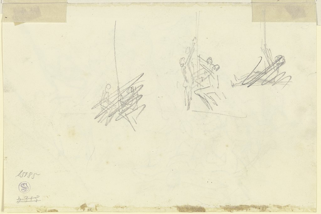 Studienblatt: Drei flüchtige Skizzen von (eine Fahne hissenden?) Figuren um einen Mast, Louis Ferdinand von Rayski