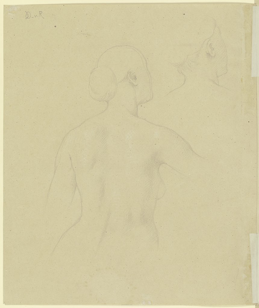 Weiblicher Rückenhalbakt, daneben Wiederholung des Kopfes (Personifikation des Flüsschens Schulter), Moritz von Schwind