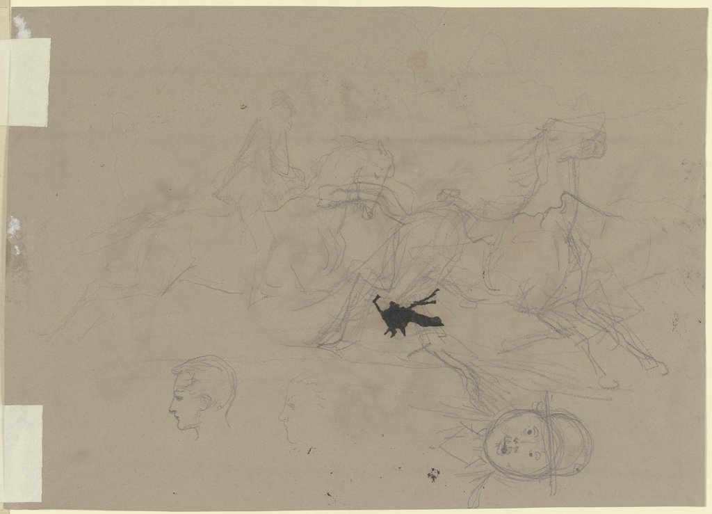 Zwei galoppierende Pferde mit einem Reiter, drei Profilköpfe, ein Kopf en face (Karrikatur), Rudolf Friedrich August Henneberg