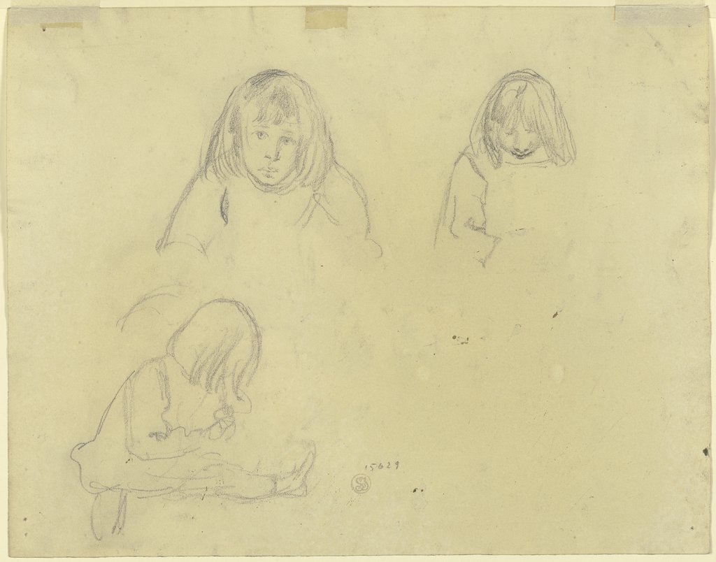 Studienblatt: Mädchen mit schulterlangem Haar, zweimal als Brustbild von vorn, einmal sitzend von der Seite, Gustav Schraegle