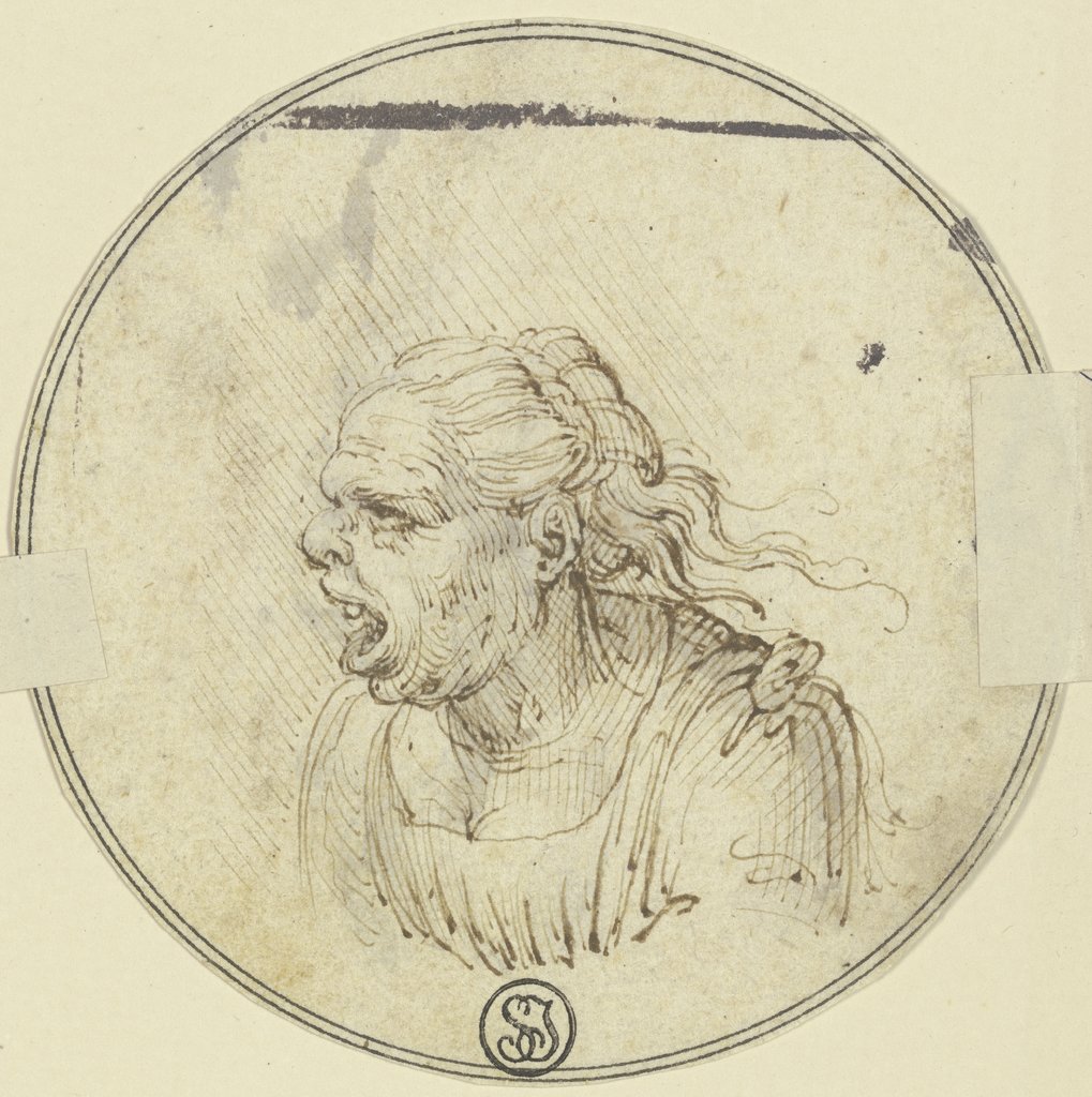 Karikatur einer Frau mit offenem Munde, Brustbild, im Profil nach links, Leonardo da Vinci;  imitator