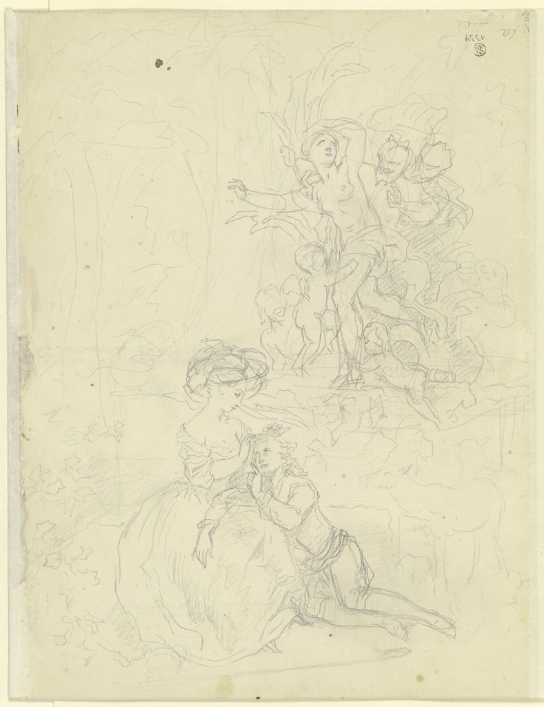 Liebespaar sowie ein Nymphe, die sich den Nachstellungen zweier Satyrn zu entziehen sucht, Französisch, 18. Jahrhundert