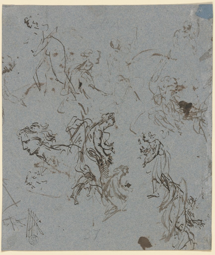 Kopf eines Mannes im Profil, mehrere schreitende Figuren sowie Federproben, Jacob de Wit