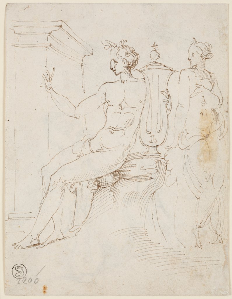 Sitzender Apoll mit Lyra und eine stehende Frau, links eine Mauer (aus Szenen der Marsyaslegende nach einer antiken Gewölbeausmalung an der Via Salaria in Rom), Francesco Salviati