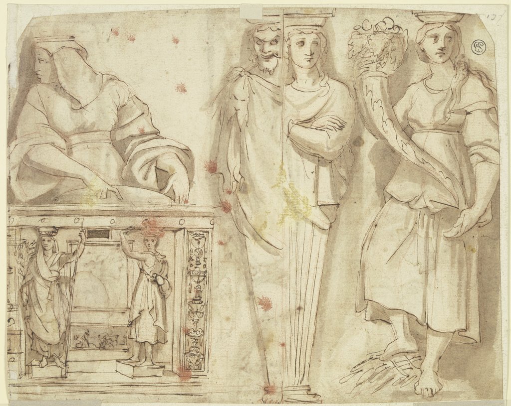 Vier Karyatiden, unten links zwei Karyatiden, ein Portal tragend, Italian, 16th century, after Raphael