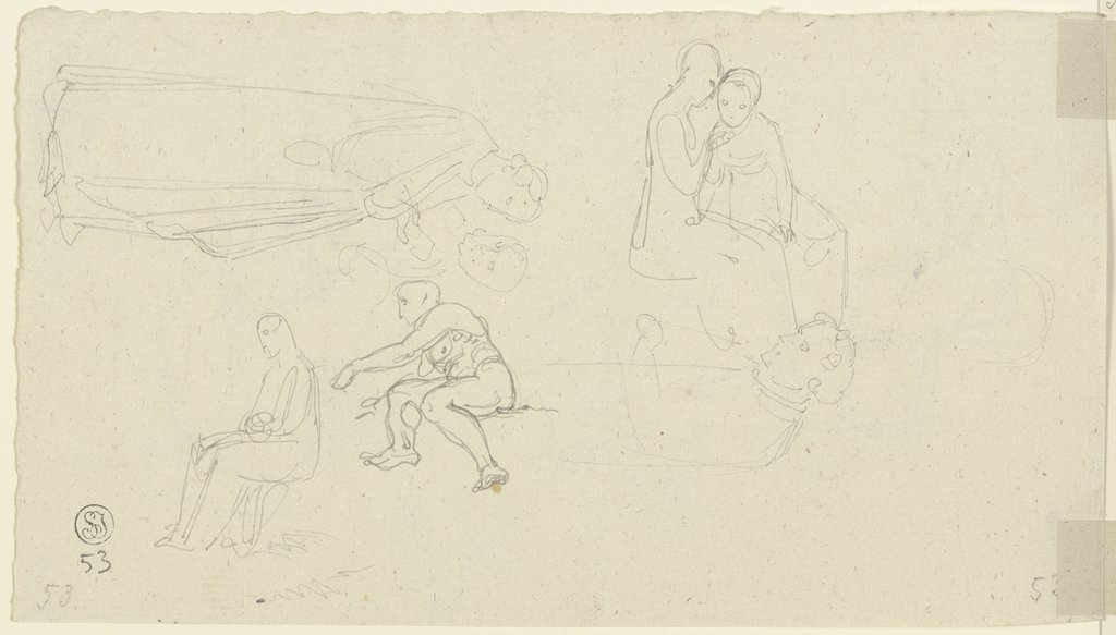 Studienblatt: Frauen bei der Handarbeit, ein sitzender männlicher Akt sowie weitere Figuren, Gustav Heinrich Naeke