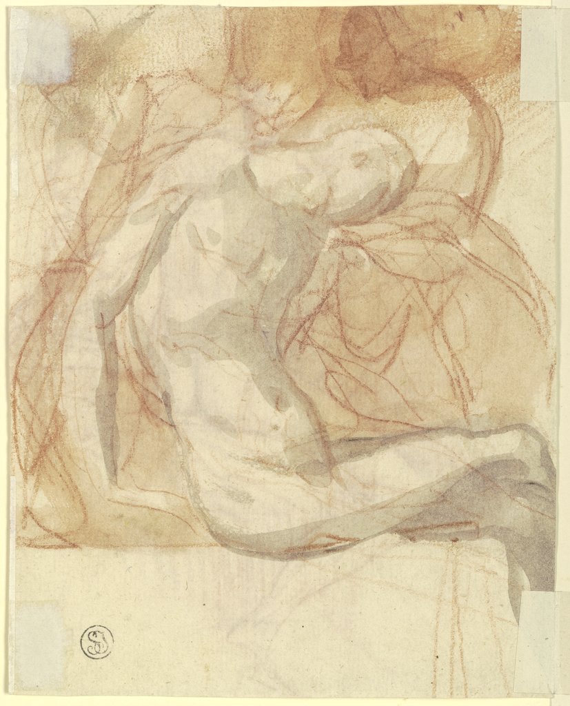 Zusammengesunken sitzender männlicher Akt nach rechts, mit wenigstens einer Assistenzfigur, Parmigianino;   ?