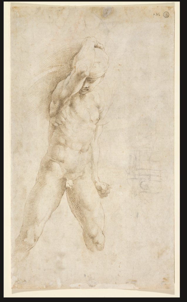 Study of a fighter defending himself (copy after Raphael); sketch of a lunette, Raphael, Raphael;  workshop, Giovanni Francesco Penni;   ?, Perino del Vaga