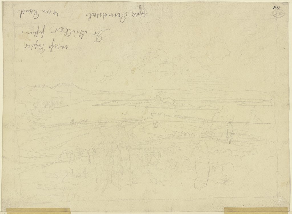 Landschaft, im Vordergrund Figuren, im Hintergrund ein See mit Insel, Hans Thoma