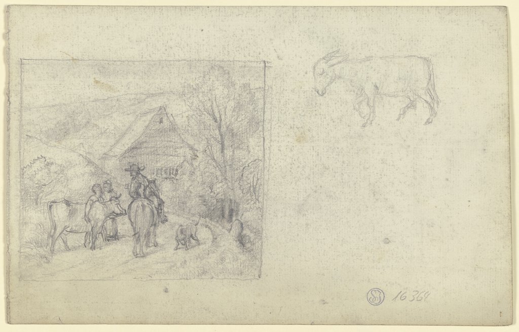 Landschaft mit Reiter, Skizze eines Esels, Otto Scholderer