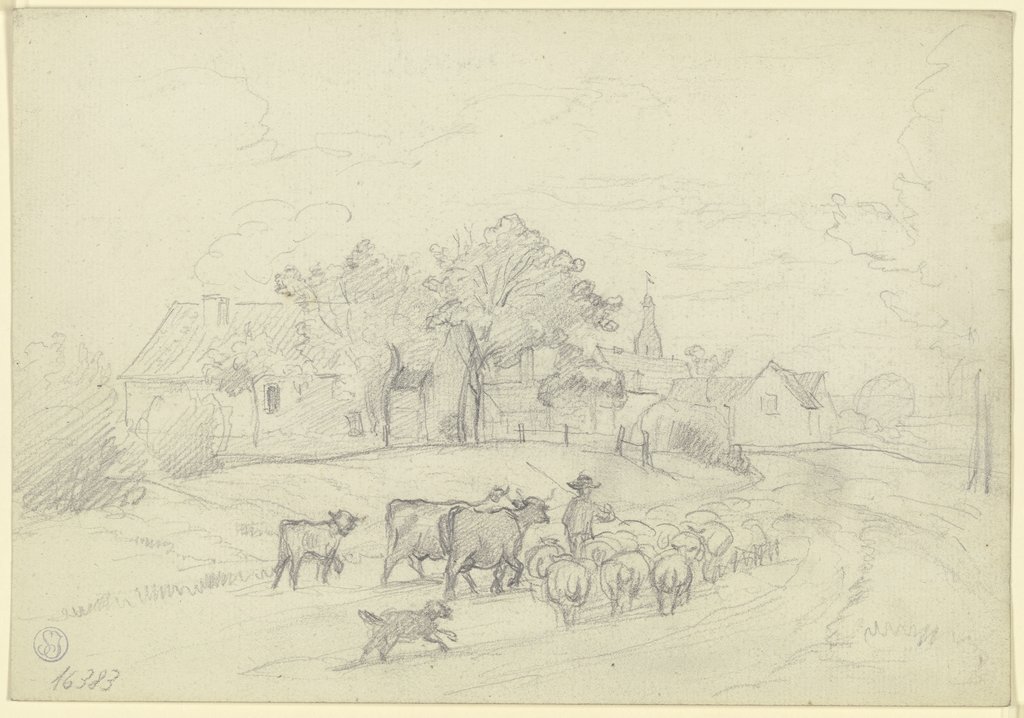 Hirte mit Herde am Dorfeingang, Otto Scholderer