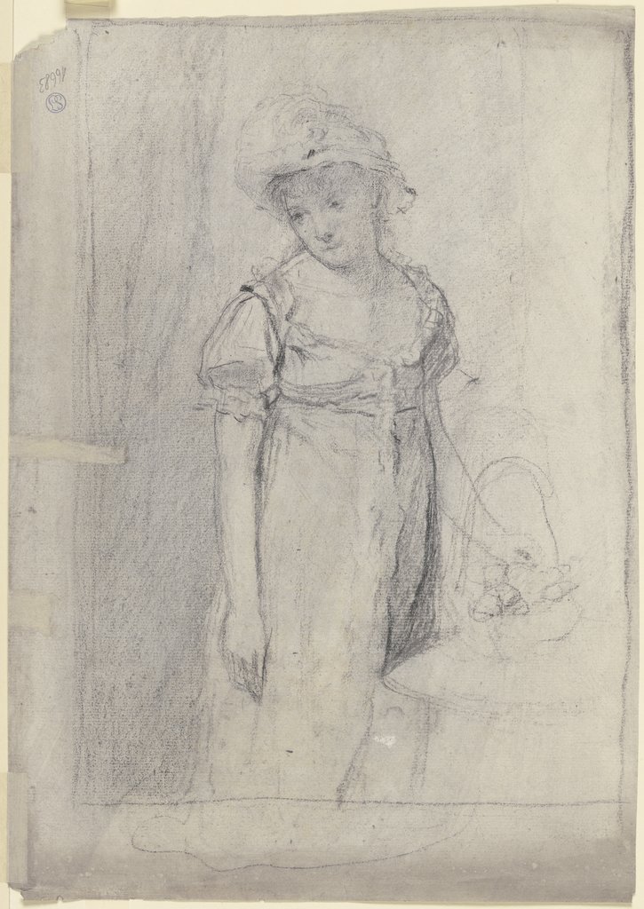 Junge Dame mit Hut und Blumenkorb, an einem Tisch stehend, Otto Scholderer