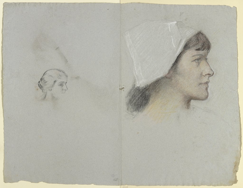 Kopf einer jungen Frau mit Haube im Profil nach rechts, Otto Scholderer