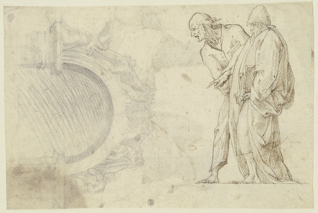 Zwei stehende Figuren und Entwurf zu einem Bogen, Italienisch, 16. Jahrhundert