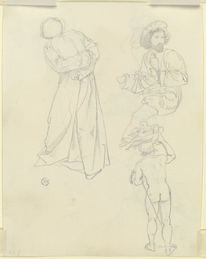 Stehende Figur im langen Mantel, sitzender Mann mit Barett und Falken auf der Hand, Rückenakt mit Bündel auf dem Kopf, Carl Philipp Fohr
