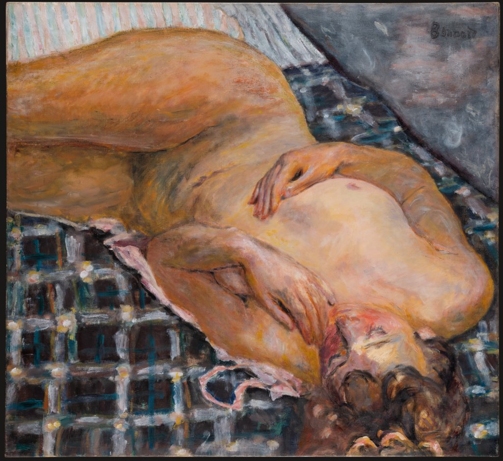 Reclining Nude against a White and Blue Plaid, Pierre Bonnard