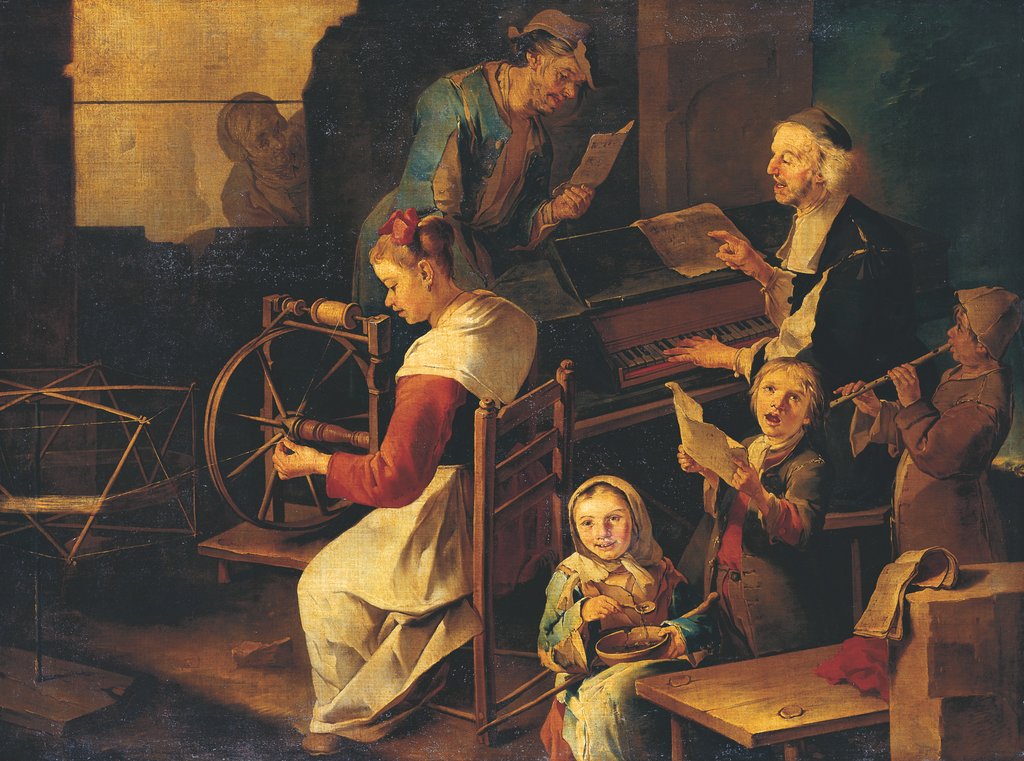 Häusliche Szene mit Musikanten und Spinnerin, Giacomo Francesco Cipper gen. Il Todeschini