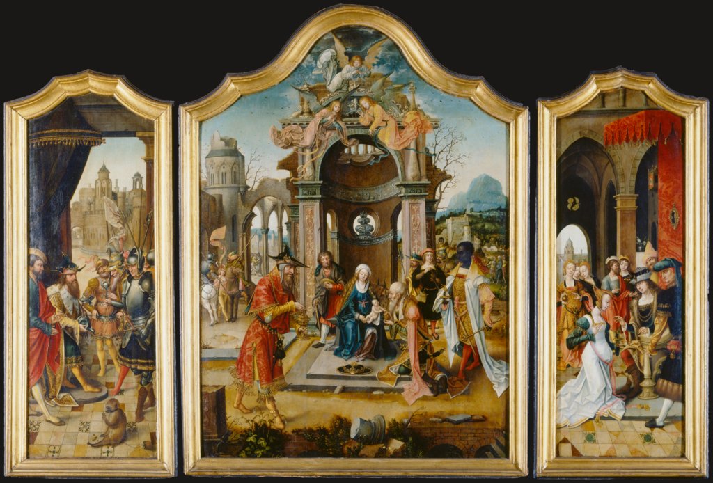 Triptychon mit der Anbetung der Heiligen Drei Könige, David mit dem Wasser aus Bethlehem und der Königin von Saba vor Salomo, Meister der von Grooteschen Anbetung