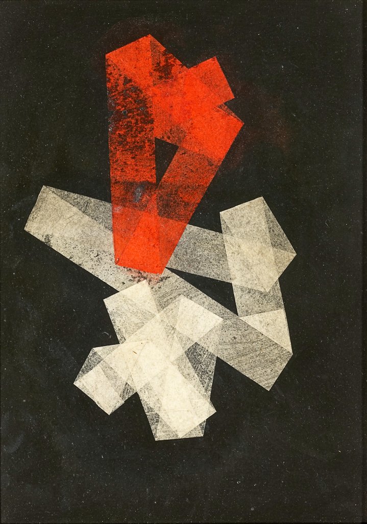 Gefaltete Streifen in Rot und Weiß auf Schwarz, Hermann Glöckner