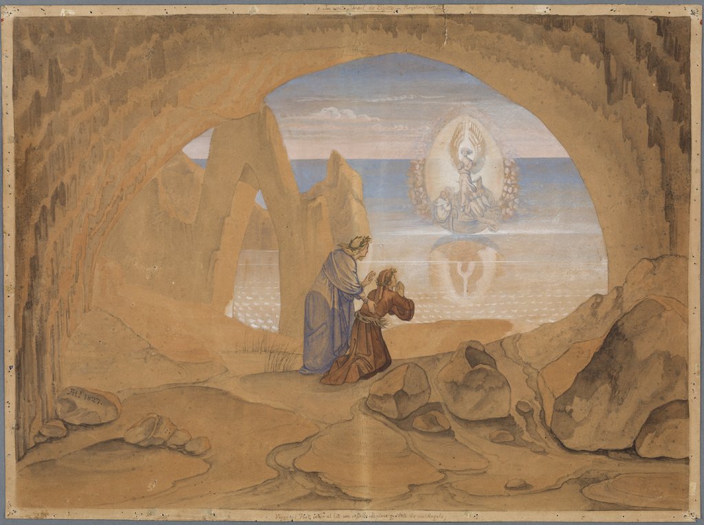 Dante erblickt ein von einem Engel geleitetes Schiffchen, in welchem Seelen nach dem Purgatorium gebracht werden, Johann Anton Ramboux