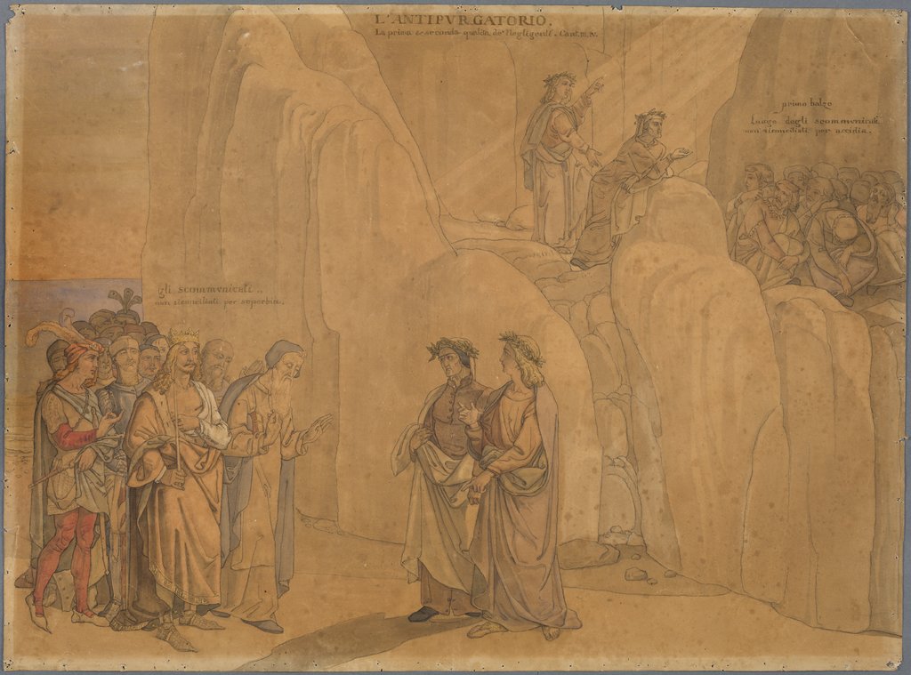 Dante, an eine Felswand gelangt, begegnet Manfred, dem ehemaligen König von Apulien und Sizilien, der sich ihm zu erkennen gibt und Verschiedenes miteilt; oben auf dem Felsen sehen sie die kirchlich Verbannten Buße tun, Johann Anton Ramboux