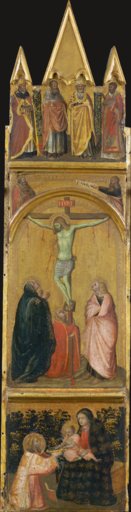 Kreuzigung Christi, Thronende Madonna mit Kind und heiligem Diakon