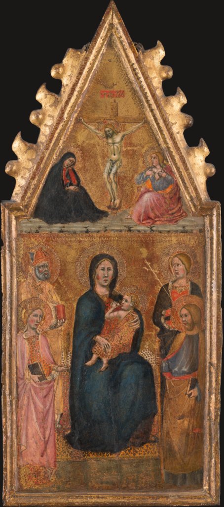 Thronende Madonna mit Kind und vier Heiligen, darüber Kreuzigung mit Maria und Johannes Ev., Cristoforo di Bindoccio, Meo di Pero