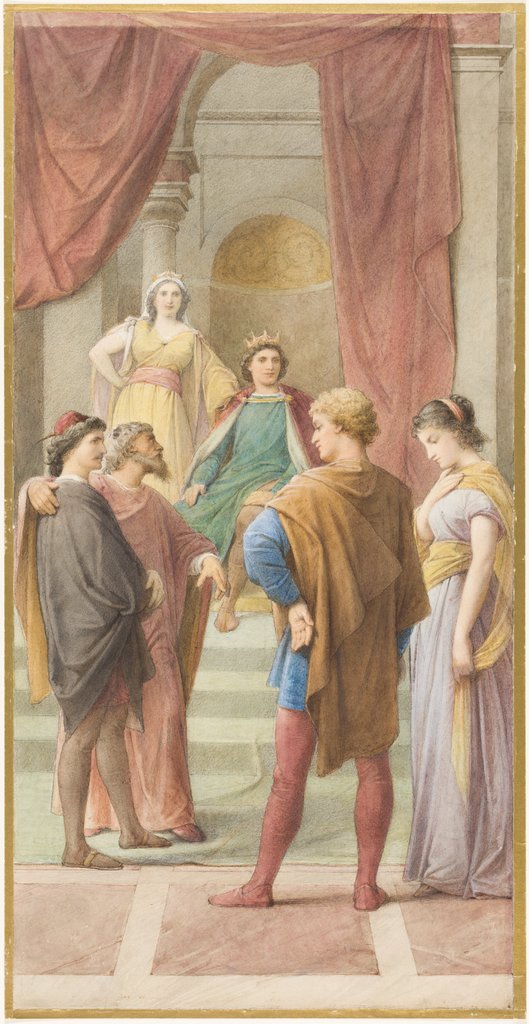 Egeus fordert vor dem Herrscherpaar Theseus und Hippolyta, seine Tochter Hermia solle Demetrius anstelle von Lysander heiraten, Leopold von Bode