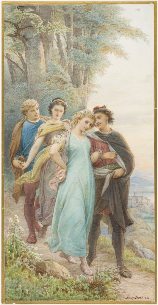 Die wieder vereinten Brautpaare auf dem Weg aus dem Wald, vorn Helena und Demetrius, dahinter Hermia und Lysander, Leopold von Bode