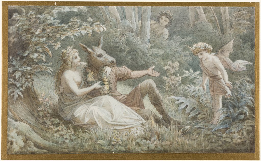 Die Elfenkönigin Titania bekränzt den neben ihr sitzenden, eselköpfigen Nick Bottom, Leopold von Bode