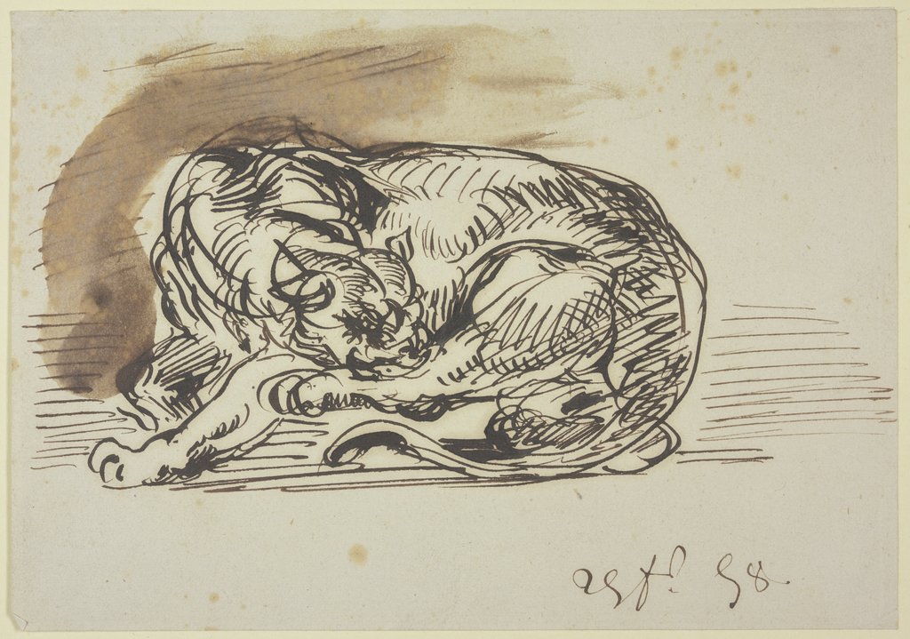 Löwin, ihre linke Hinterpfote leckend, Eugène Delacroix