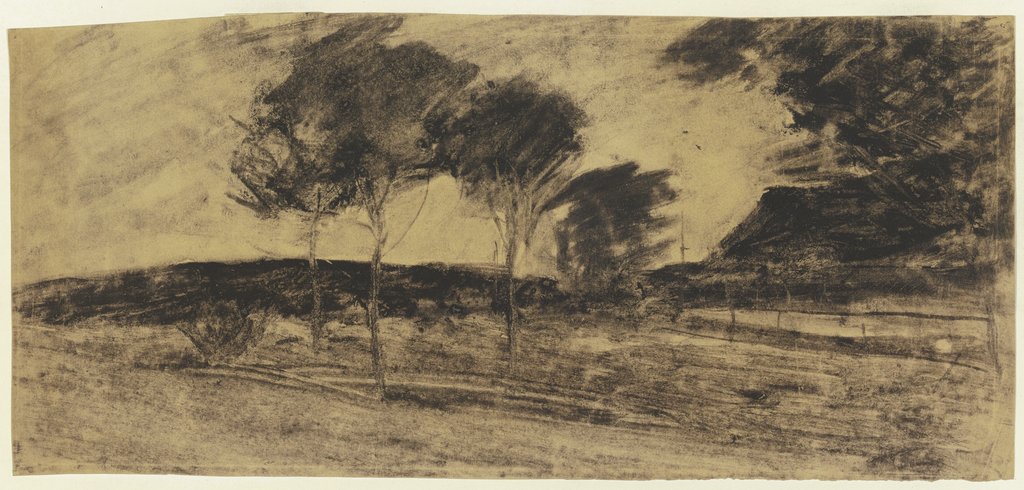 Landschaft, links kleiner Hügel, davor drei Bäume, rechts Haus, Sion Longley Wenban