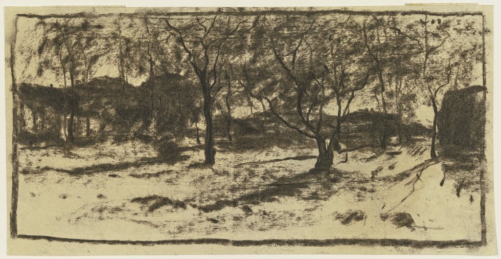 Obstbäume im Schnee, im Hintergrund Häuser, Sion Longley Wenban