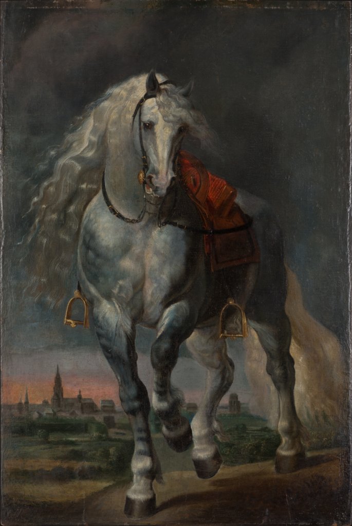 Trabender Schimmel in einer Flachlandschaft vor einer Stadt, Peter Paul Rubens;  Nachfolge, Anthonis van Dyck;  Nachfolge