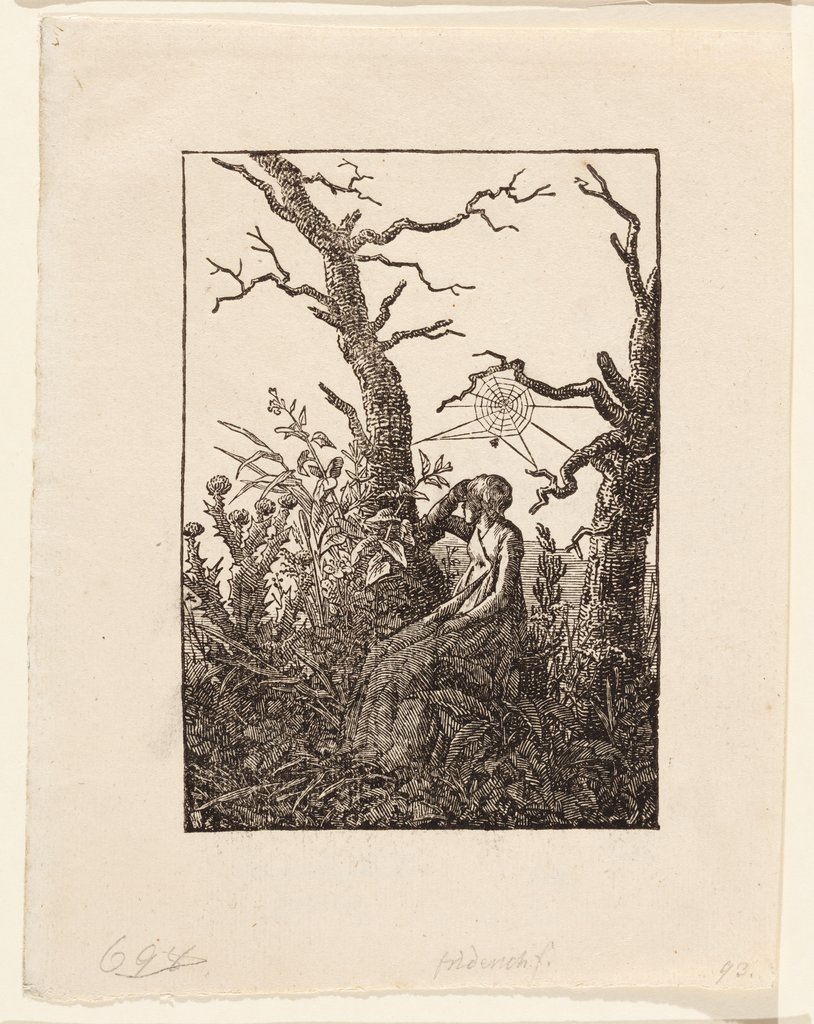 Die Frau mit dem Spinnennetz zwischen kahlen Bäumen, Caspar David Friedrich