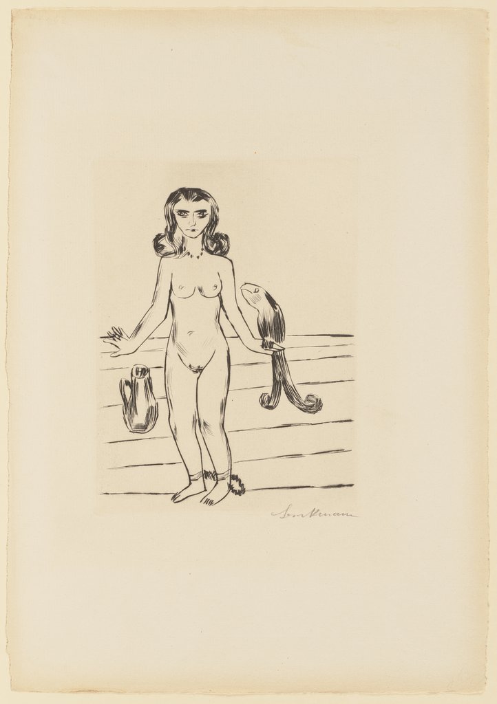 Die Prinzessin Ursula von Bärwalde im Schlossturm von König Jerum gefangen, beraten von dem guten Vogel Neuntöter, Max Beckmann