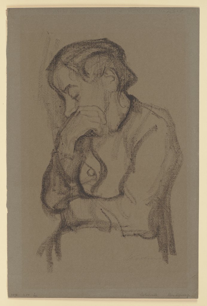 Halbfigur einer Frau, mit der rechten Hand den Mund bedeckend, Käthe Kollwitz