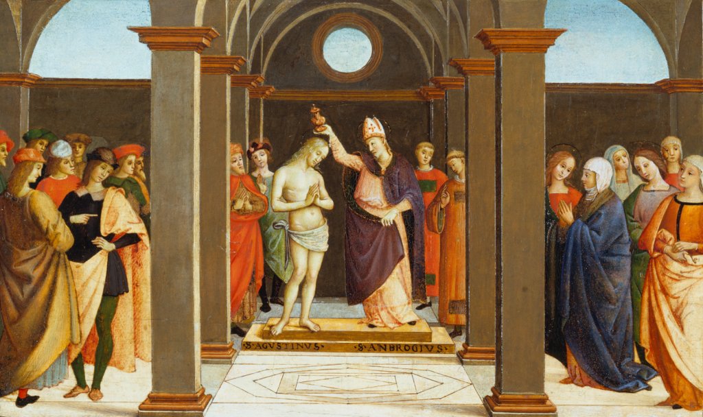 Die Taufe des heiligen Augustinus durch den heiligen Ambrosius, Umbrischer Meister um 1500