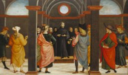 Abschnitte einer Predella mit der Taufe des Heiligen Augustinus durch den Heiligen Ambrosius und der Disputation des Heiligen Augustinus mit dem Häretiker Fortunatus
