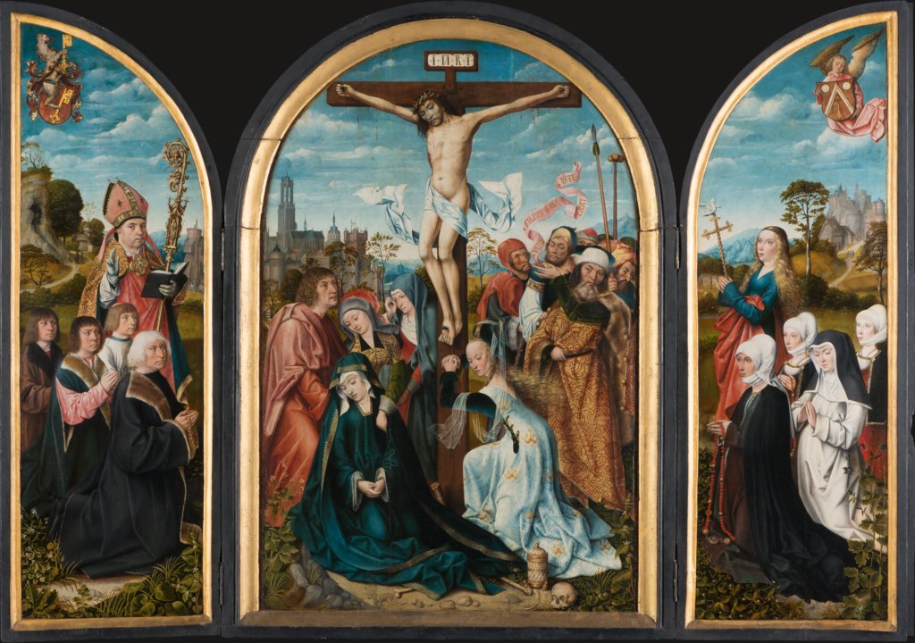 Kreuzigungstriptychon mit den Stiftern Nikolaus Humbracht (gest. 1504) und Greda Brun, geb. Faut von Monsberg (gest. 1501), Meister von Frankfurt