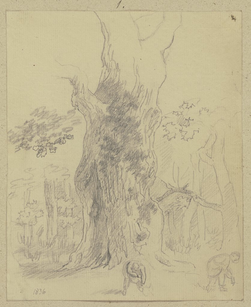 Zwei Personen, vor großem Baum Waldfrüchte auflesend, Carl Theodor Reiffenstein