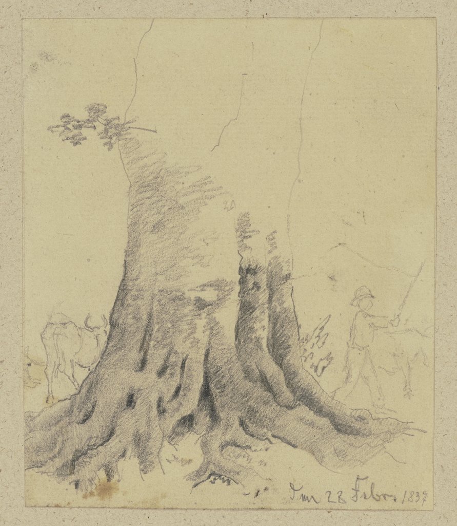 Baum, im Hintergrund ein Viehtreiber mit Rindern, Carl Theodor Reiffenstein