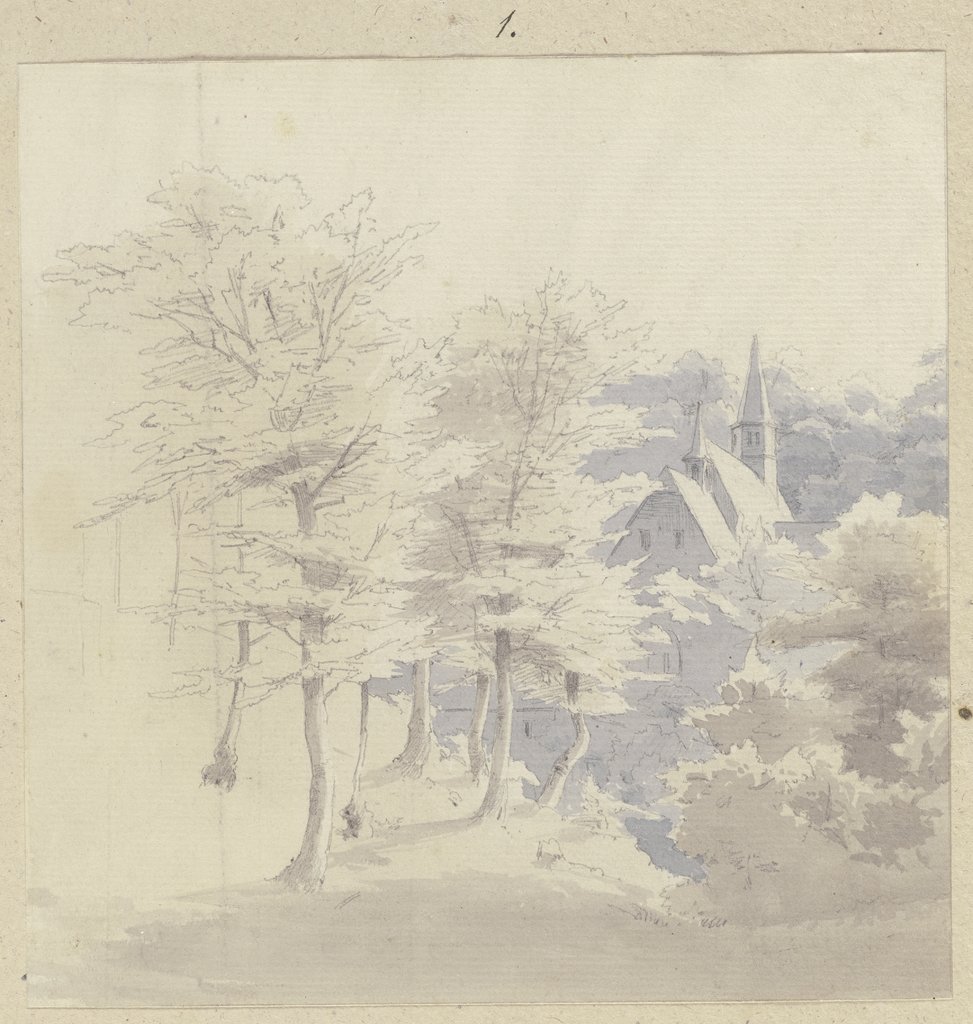 Blick durch Bäume auf das Kloster Nothgottes, Carl Theodor Reiffenstein