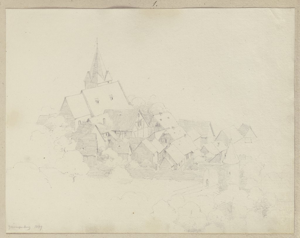 Die Bergkirche Zwingenberg und umliegende Bauten von den Ausläufern des Melibokus aus gesehen, Carl Theodor Reiffenstein
