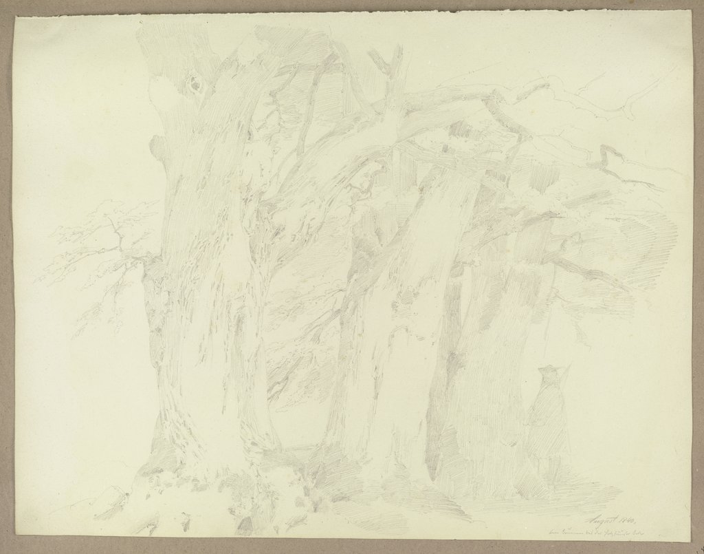 Baumreihe und ein Jäger mit geschulterter Flinte am Brunnen bei der Holzhäuser Öde, Carl Theodor Reiffenstein