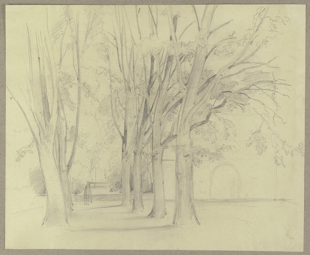 Von Bäumen gesäumter Weg in einem Park (?), rechts ein Torborgen, Carl Theodor Reiffenstein