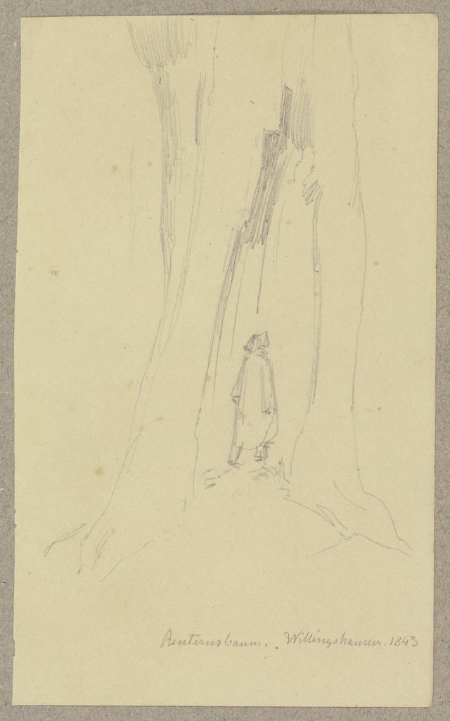 Gespaltener Baum bei Willingshausen, durch den ein Mann zu sehen ist, Carl Theodor Reiffenstein