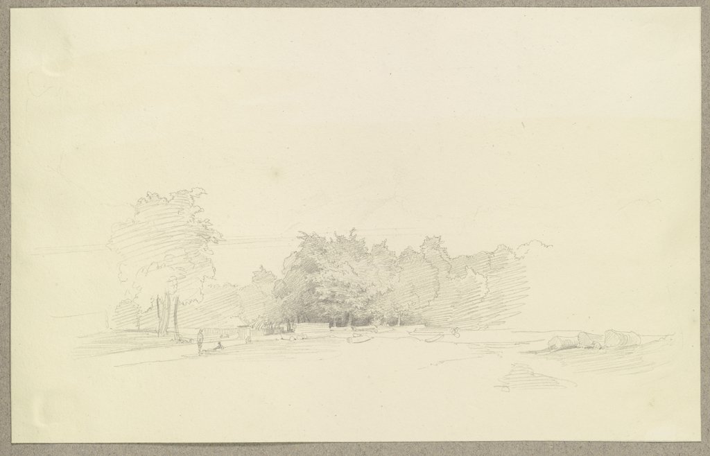 Waldstück, auf der Wiese im Vordergrund abgeholzte Baumstämme und zwei Figuren, Carl Theodor Reiffenstein