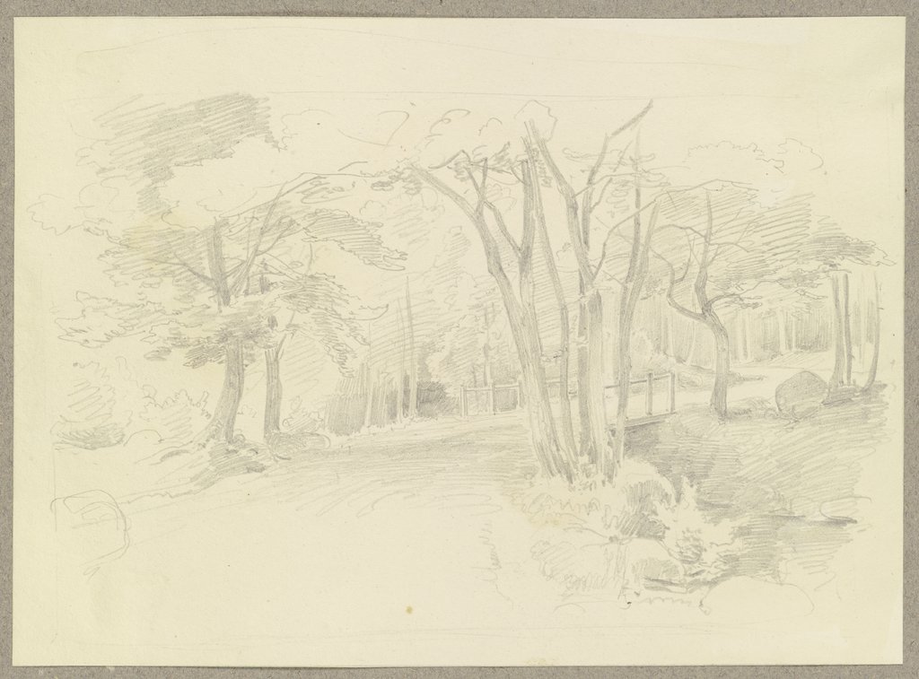 Waldweg, einen Bach über einen Holzsteg querend, Carl Theodor Reiffenstein