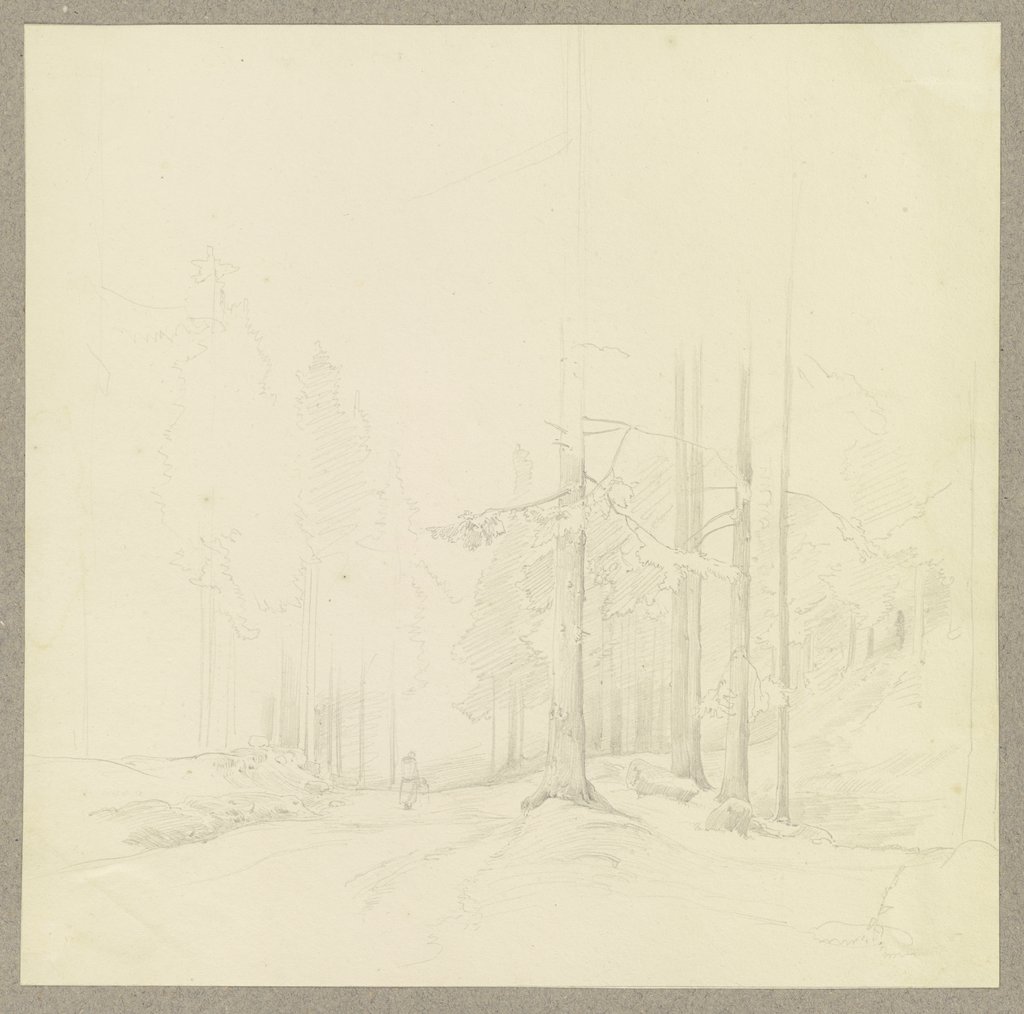 Waldweg, darauf eine weibliche Figur mit einem Kind an der Hand, Carl Theodor Reiffenstein